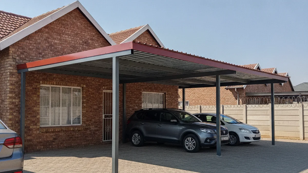 A compliant freestanding steel carport neatly matching a face-brick East Rand house and boundary wall