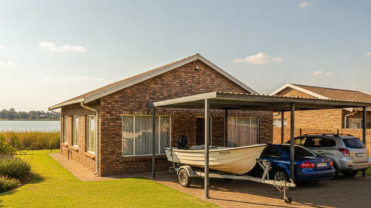 Steel triple carport covering a boat on a trailer and cars at a face-brick Benoni home near the lakes