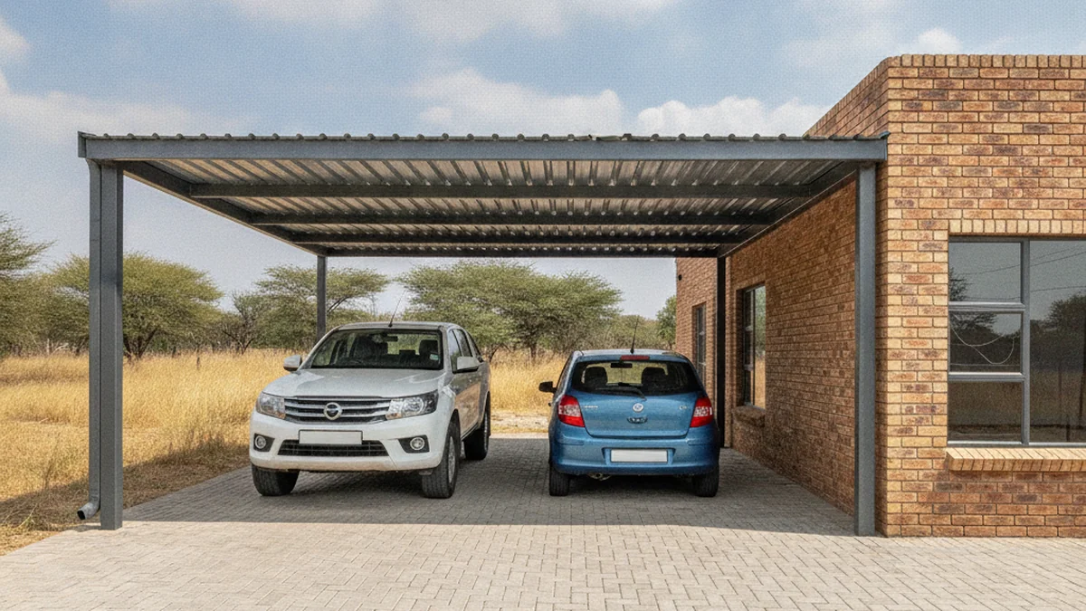 Six-metre steel double carport covering a bakkie beside a car at an East Rand house