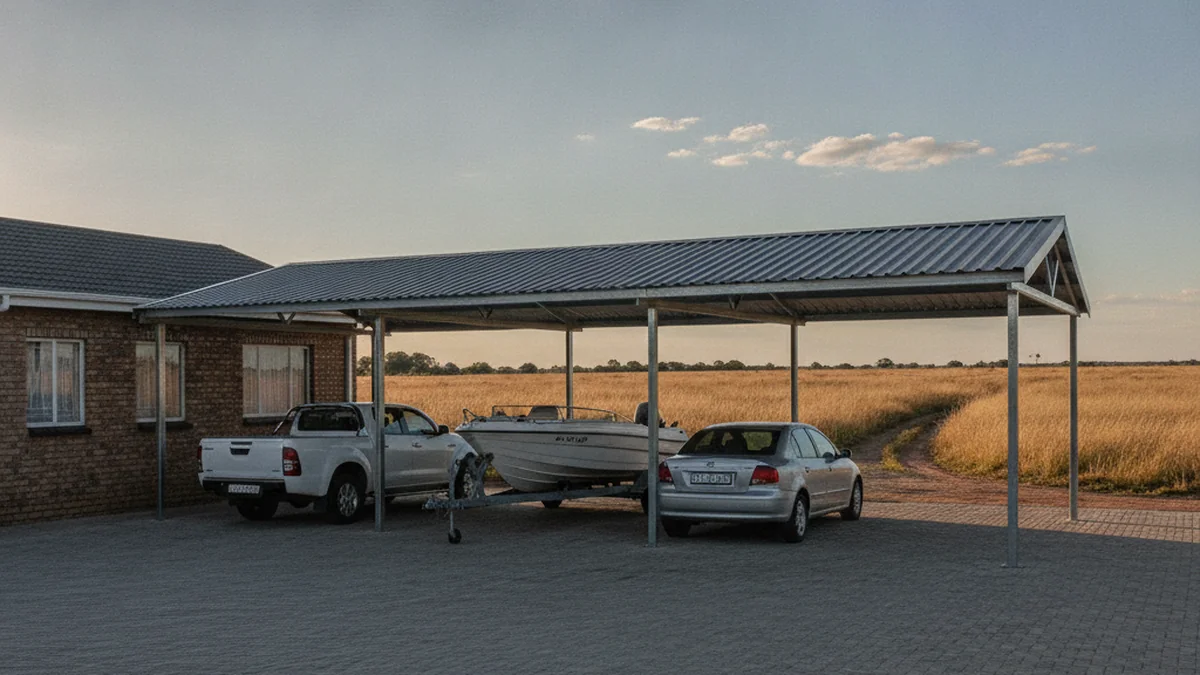 Galvanised steel four-bay carport sheltering a double-cab bakkie, a boat on a trailer and cars at an East Rand plot home under a Highveld sky