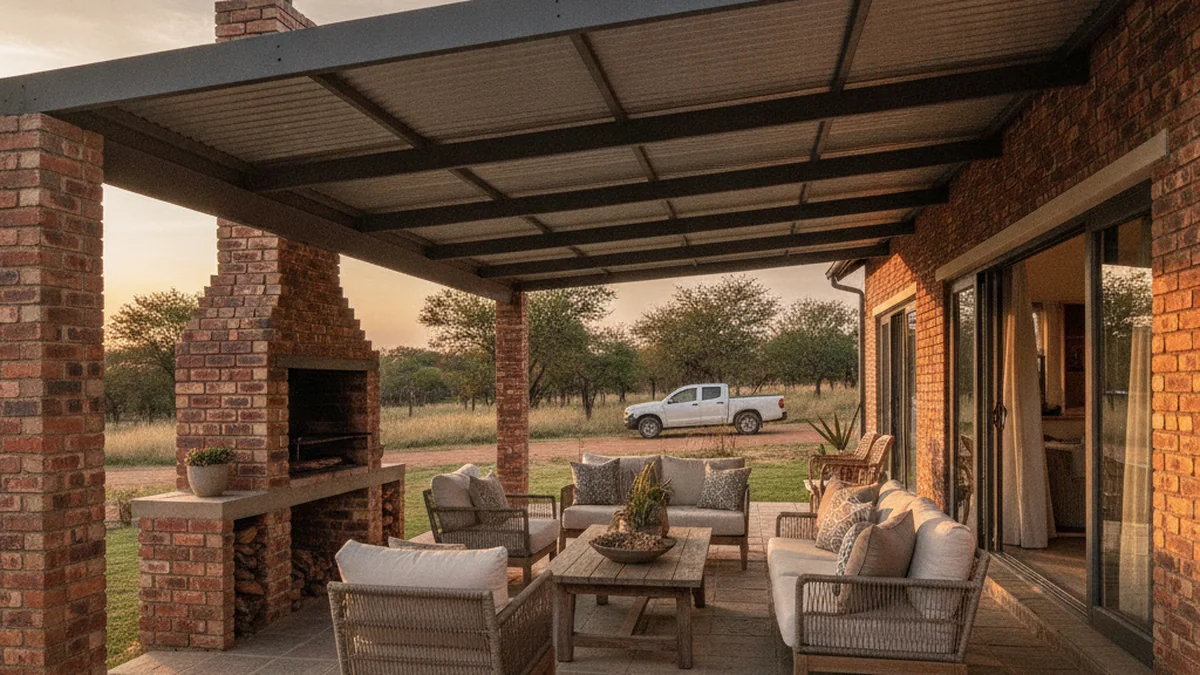 Covered patio with an IBR roof, outdoor furniture and a built-in braai at an East Rand plot home
