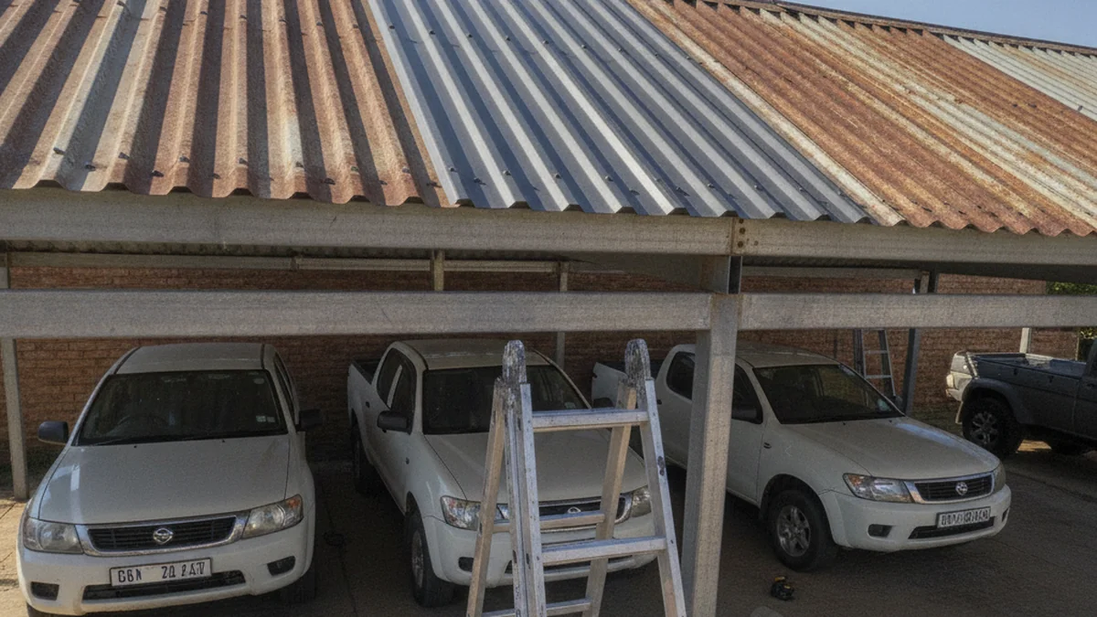 A new IBR roof sheet replacing an old dented rusted sheet on a steel carport