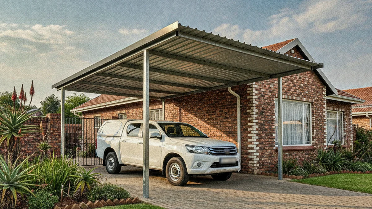 Single steel carport with a raised charcoal IBR roof covering a double-cab bakkie with a canopy beside an East Rand home