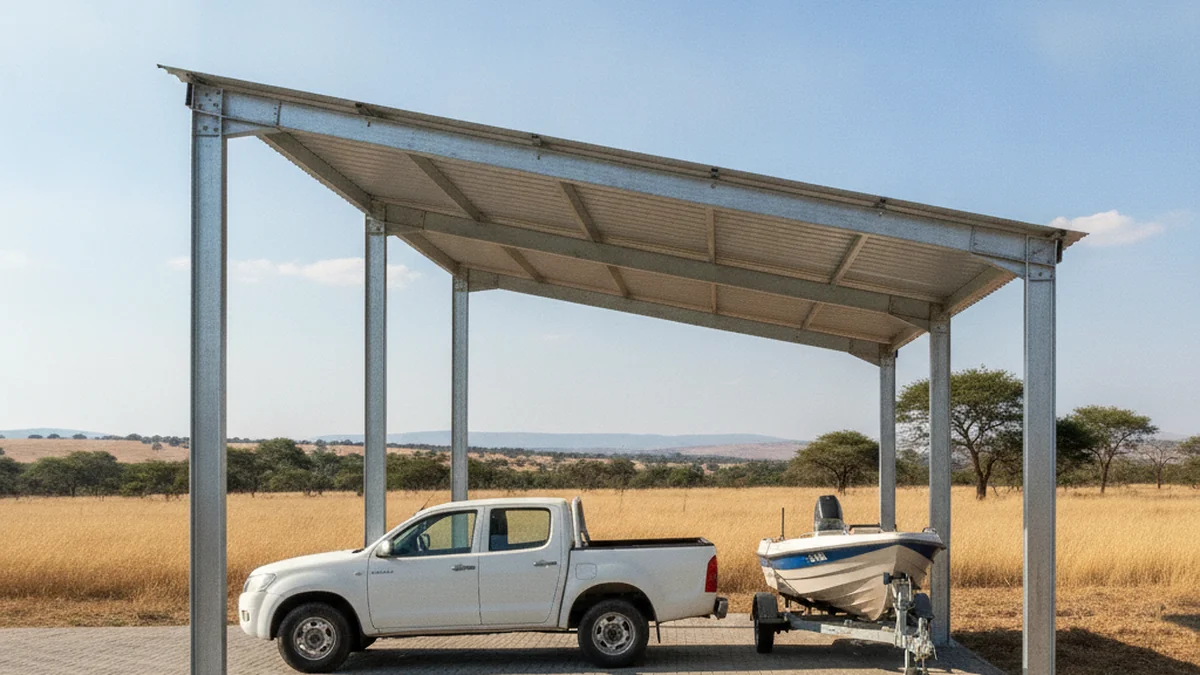 Side view of a tall steel carport showing full depth and a raised beam height with a bakkie and a boat parked