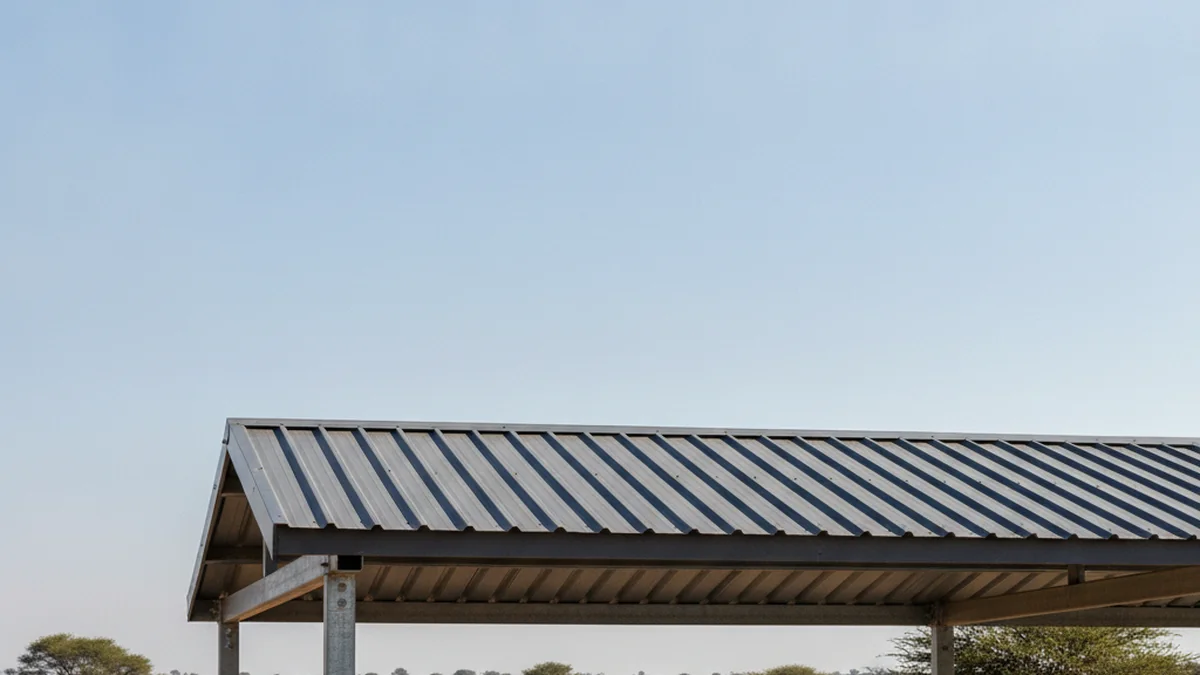 Close detail of a charcoal IBR steel carport roof and thick galvanised steel support posts against open veld